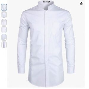 ZEROYAA White Men’s Banded Collar Slim Fit Long Sleeve Shirt